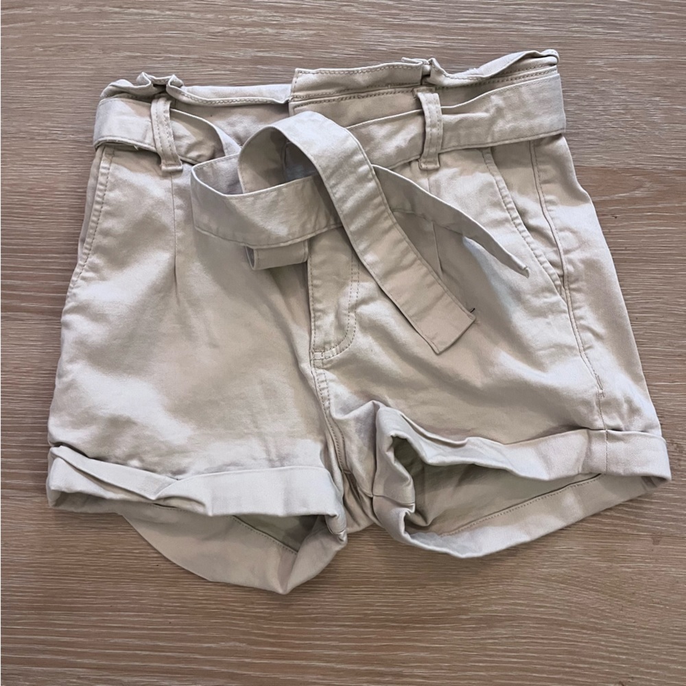 Express taupe colored paper bag shorts